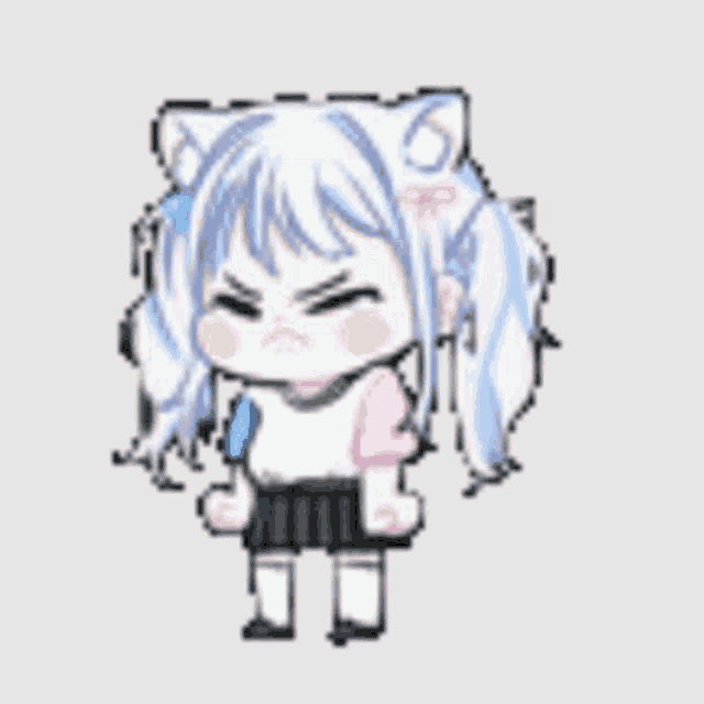 a pixel art of a girl with cat ears and blue hair