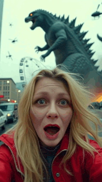 a woman in a red jacket is taking a selfie in front of a statue of a monster