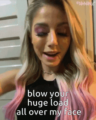 a woman with pink hair is blowing your huge load all over my face