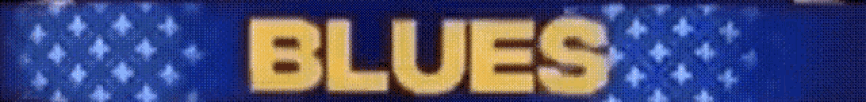 a blue sign with yellow letters that says blues
