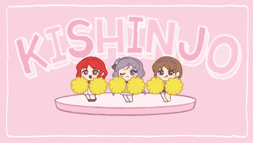 three cheerleaders are on a stage in front of a sign that says kishinjo