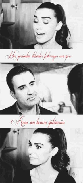 a black and white photo of a man and a woman with a caption that says ama sen benim gulumsan