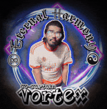 a picture of a man with glasses and the words eternal harmony