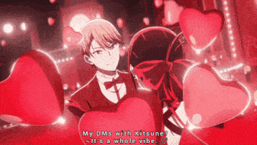a man and woman are surrounded by red hearts and the man says my dms with kitsune