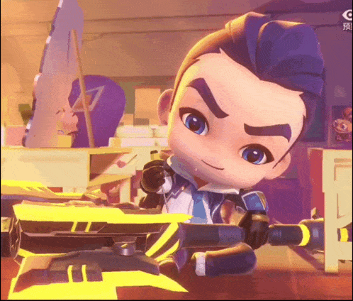 a cartoon character is holding a sword with the letter g on the bottom right