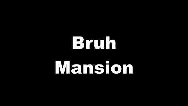 a black background with the words bruh mansion written in white letters .