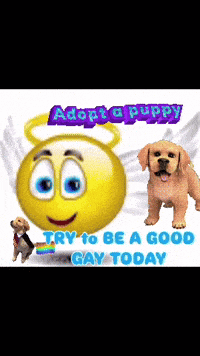 a smiley face with wings and the words adopt a puppy
