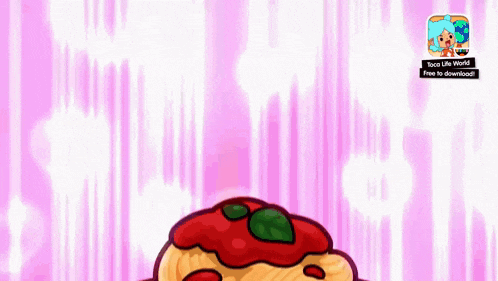a cartoon illustration of a spaghetti dish with tomato sauce and basil