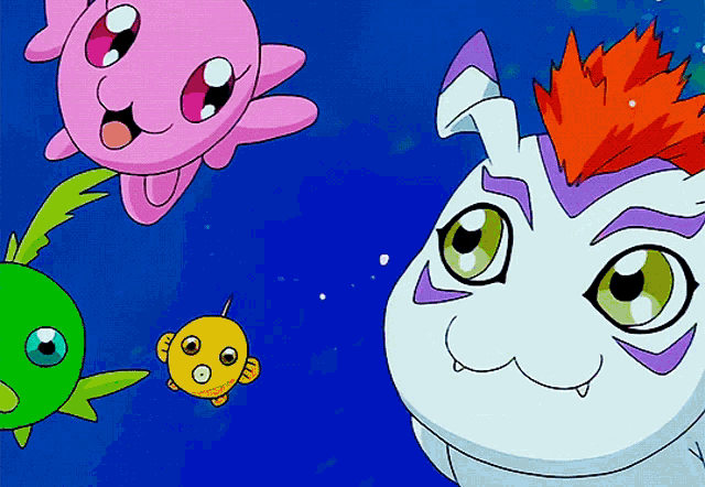 a group of cartoon characters including a yellow fish and a pink octopus