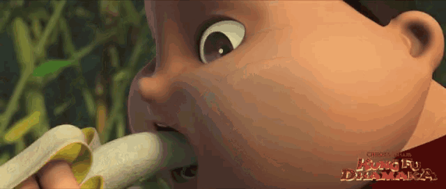 a cartoon of a baby eating a banana with the words kung fu drama on the bottom right