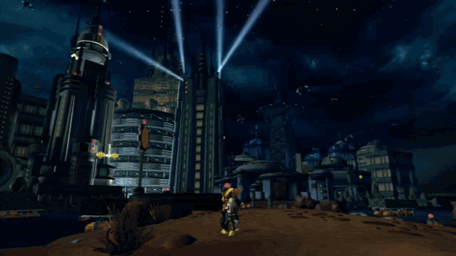 a cartoon character stands in front of a futuristic city