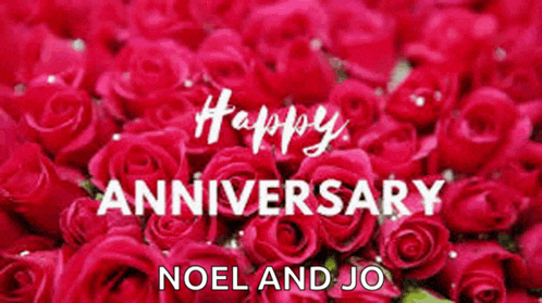 a bunch of red roses with the words `` happy anniversary noel and jo '' on them .