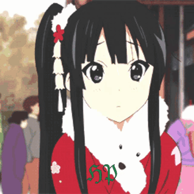 a girl with long black hair is wearing a red and white outfit with the letter s on it