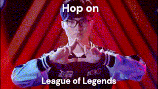 a man wearing glasses is making a heart shape with his hands and the words hop on league of legends below him