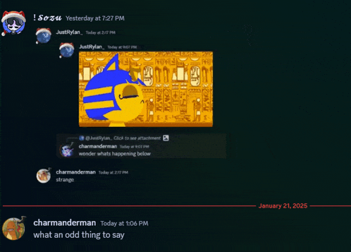 a screenshot of a conversation between charmanderman and sozu yesterday at 1:27 pm