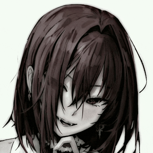 a black and white drawing of a girl with long hair and red eyes