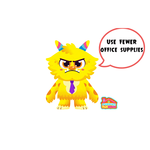 a yellow monster says use fewer office supplies