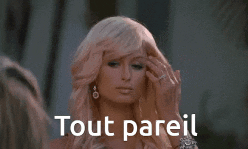 a woman with blonde hair and earrings is standing in front of a sign that says tout pareil