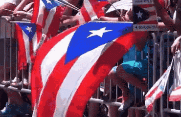 a group of people are standing behind a fence holding flags and a sign that says 4 boricua on it .