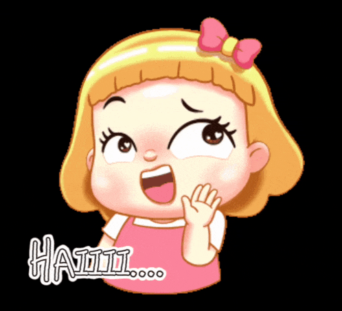 a cartoon girl with yellow hair and a pink bow on her head says haiii