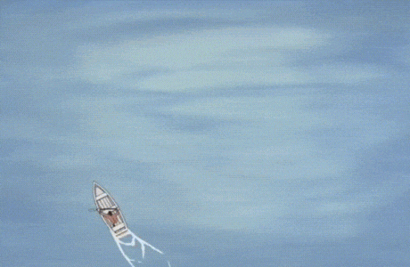 a boat is floating in the water with a tree branch sticking out of the side