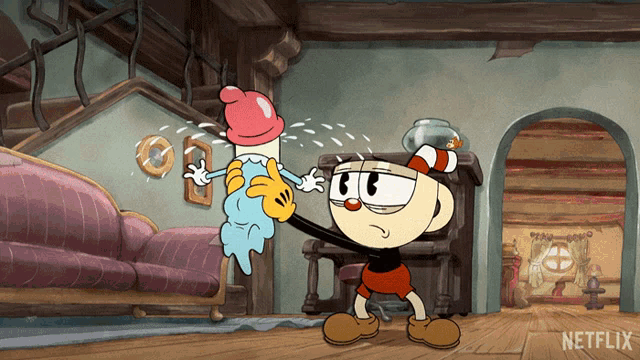 a cartoon of cuphead and a ghost with netflix written in the corner