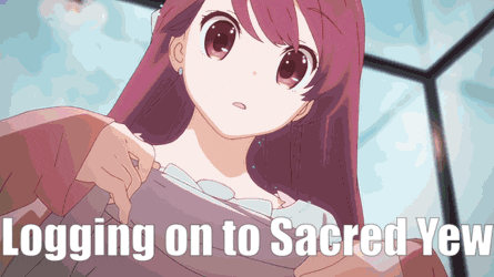 a picture of a girl with the text logging on to sacred yew