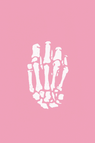 a pink background with a white skeleton hand giving the middle finger