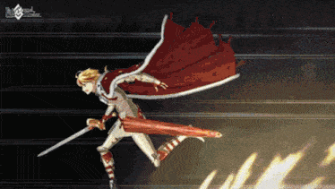 a cartoon character is flying through the air with a sword and a red cape