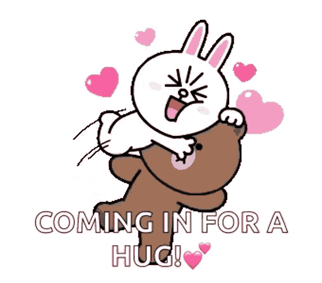 a cartoon of a rabbit carrying a teddy bear with the words coming in for a hug written on it .