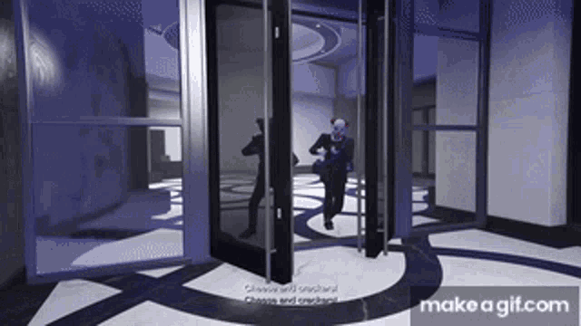 a man in a clown costume is walking through a doorway with make a gif.com at the bottom