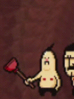 a pixel art of a man holding a plunger standing next to another man