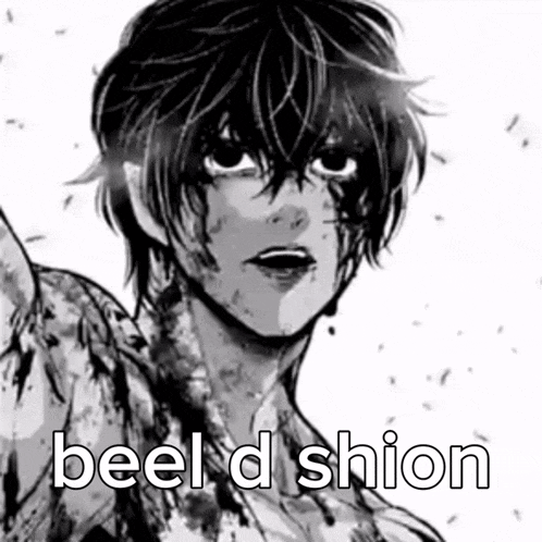 a black and white drawing of a person with the words beel d shion written on the bottom