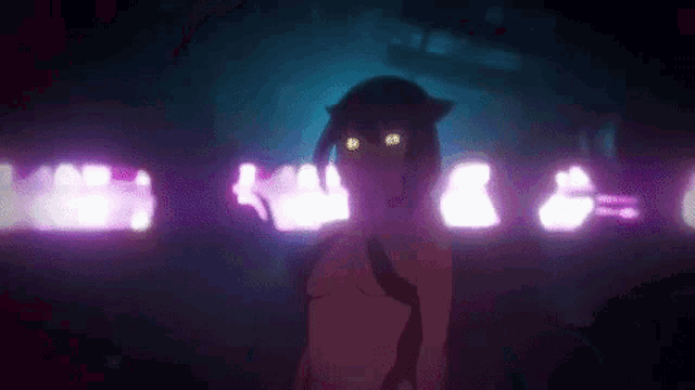 a naked anime girl with glowing eyes is standing in the dark .