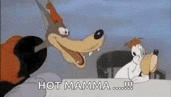 a cartoon of a wolf and a dog sitting at a table with the words `` hot mamma '' .