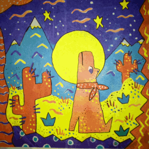 a colorful drawing of a dog wearing a cowboy hat and scarf