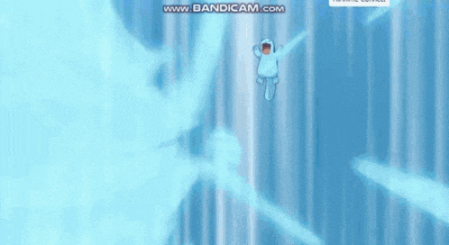 a cartoon character is flying through the air in a blue waterfall .
