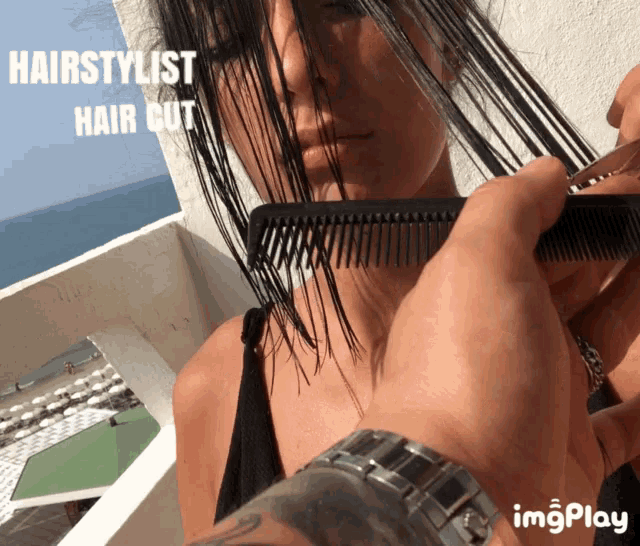 a woman is getting her hair cut by a hairstylist with a comb