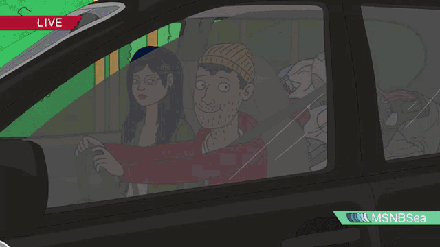 a cartoon of a man and a woman in a car with msnbsea written on the bottom
