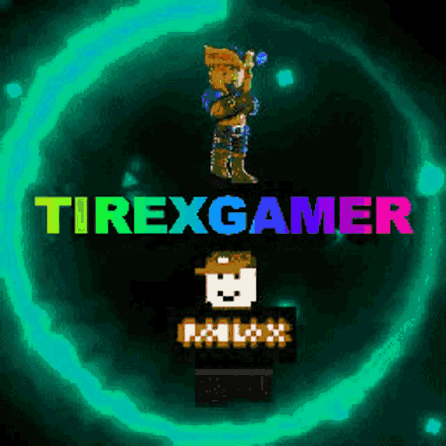 a colorful logo for tirexgamer with a roblox logo