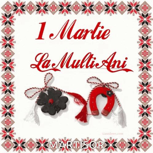 a greeting card with a horseshoe and a flower says martisor