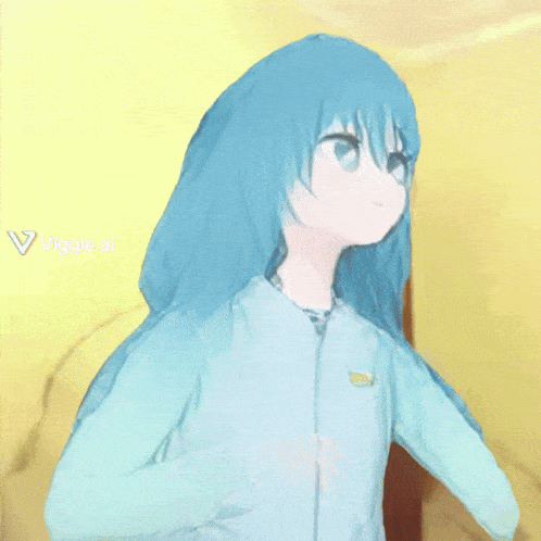 a 3d model of a girl with blue hair is being displayed on a yellow background