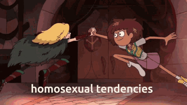 a cartoon of two girls holding hands with the words homosexual tendencies below them