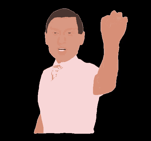 a man in a pink vest and tie holds his fist up in the air