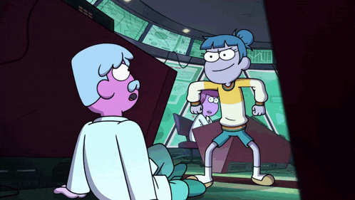 a cartoon of a girl with blue hair and a yellow and white shirt