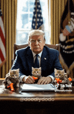 donald trump is sitting at a desk with three kittens on it