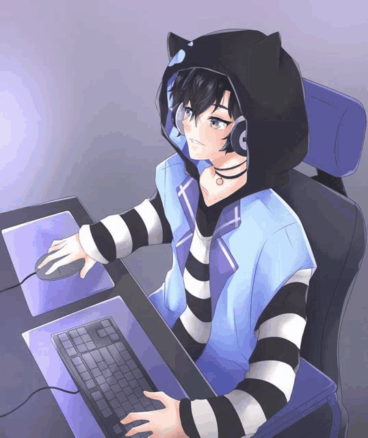 a drawing of a person wearing headphones and a cat hoodie