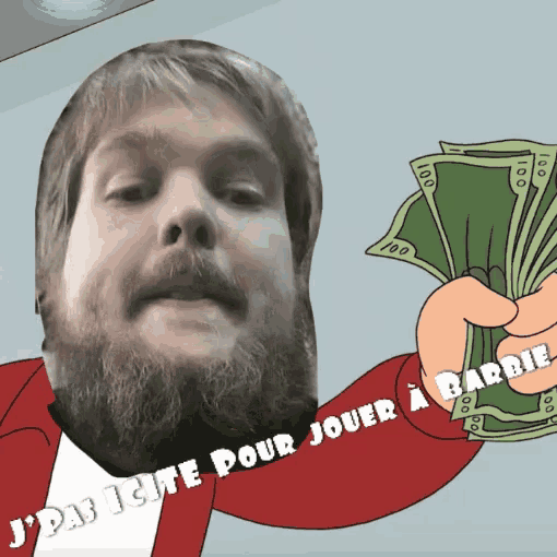 a man with a beard is holding a bunch of money and says j ' pas l' cite