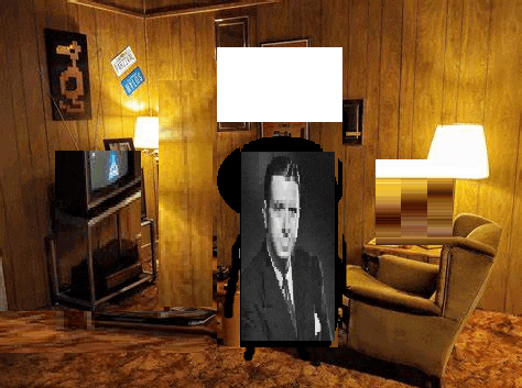 a living room with wood paneling , a chair , a television , and a picture of a man .