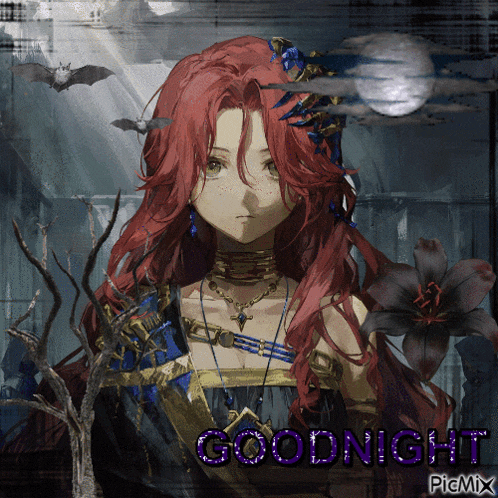 a picture of a woman with red hair and the words goodnight